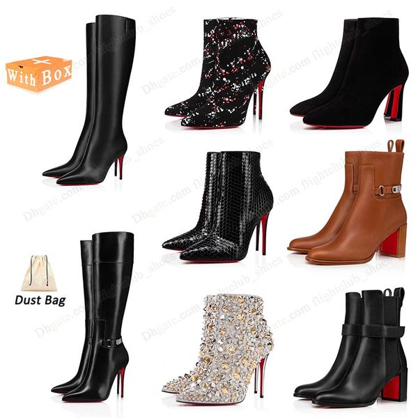 Diseñador botas para mujer tacón de lujo negro rojo beige vaquero vaquera botines cortos muslo sobre la rodilla tacón alto botas bombas sexy tabi occidental zapatos de trabajo damas tamaño grande 43