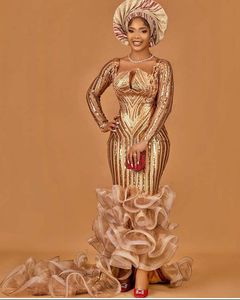 Plus maten 2021 Arabisch Aso Ebi Mermaid Gold Sparkly Prom Dresses lange mouwen lovertjes Evening Formele feest tweede receptie jurken jurk zj606