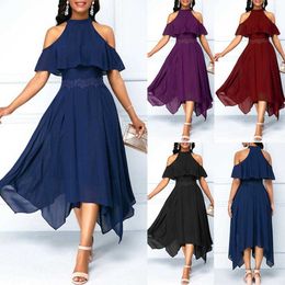 Grande taille 2021 mode femmes élégantes couleur unie épaules dénudées manches courtes irrégulière dame soirée décontractée robe Maxi robe Y1006