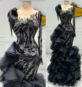 Plus maat 2022 Arabisch Aso Ebi Black Mermaid Luxe prom Lace kralen avond formeel feest tweede receptie verjaardag jurken jurken zj440