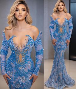 Plus maat 2022 Arabisch Aso Ebi Blue Luxe Mermaid Prom Dresses Lace kristallen avond formeel feest tweede receptie verjaardag verlovingsjurken jurken jurk