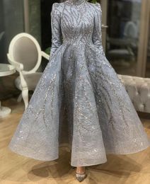 Plus taille 2022 Arabe Aso Ebi Sier luxueux robes de bal musulmanes en dentelle de la soirée en dentelle Deuxième robes de réception Robes ZJ364