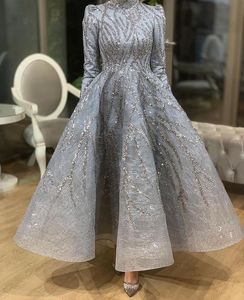 Plus maat 2022 Arabisch Aso Ebi Sier Luxueuze moslim prom -jurken Lace kralen avond formeel feest tweede receptie jurken jurk zj364
