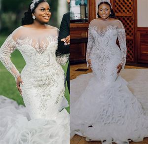 Robe de mariée sirène grande taille, manches longues, perles, sur mesure, col transparent, 2024