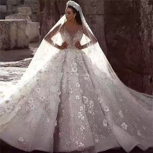 Plus maat 2023 Wedding Beading Bridal Jurken Long Sleeve Crystal Lace Appliqued Lades Vestidos de novia Arabische Aso Ebi Luxe kralen Wed -jurken