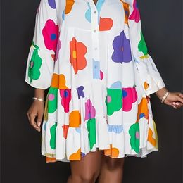 Grande taille 2024 automne nouvelle robe imprimée florale pour femmes décontracté bouton ample mode vêtements de rue Polyester col en v robe plissée 240116