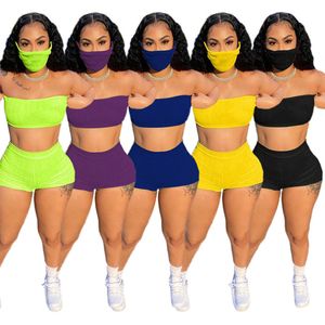 Plus Size 2XL Zomer Outfits Dames Jogger Suits Trainingspakken Mouwloos Tank Top Crop Tops + Shorts + Mask Two Pieces Set Sportswear Casual Zwart Sweatsuits 4848