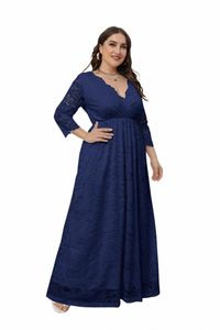 Grande taille 3/4 manches col en V élégant demoiselle d'honneur mariage Ctrast dentelle Dres pour les femmes T29t #