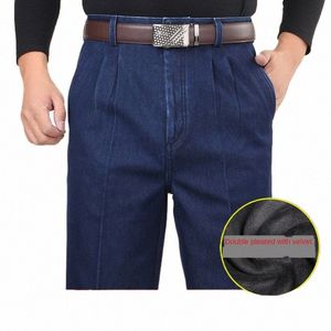 Plus la taille 30- 42 44 46 Denim Jeans hommes hiver pantalon polaire chaud classique taille haute droite lâche bleu Stretch Jeans pour hommes o4A1 #