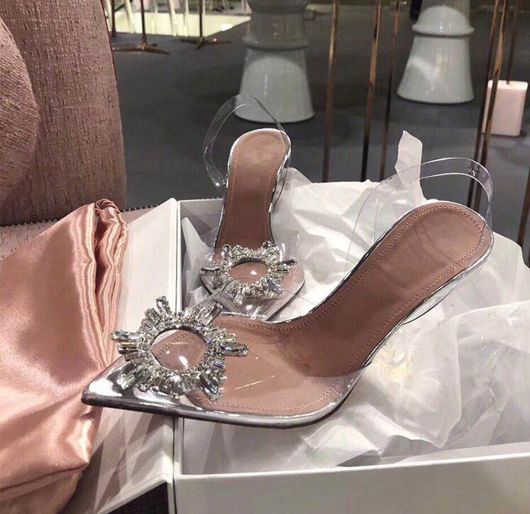 Plus size 35 -41 silver rhinestone pvc clear transparent shoes women pointed toe pumps bridal wedding shoe high heel
