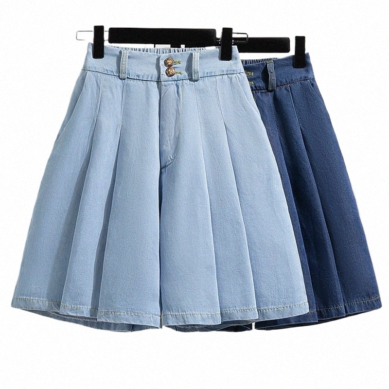 plus Size 3XL 4XL 5XL Denim Shorts For Women High Waist Fi 2023 Summer Pleated Jean Pants Female Rinsing Street Clothing J6BM#
