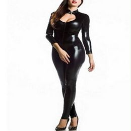 Plus Size 3XL 4XL 5XL Wetlook Vrouwen Zwart Kunstleer Bodysuit Fetish Sexy Rits Catwoman Kostuums Erotische Open Buste Catsuit266s