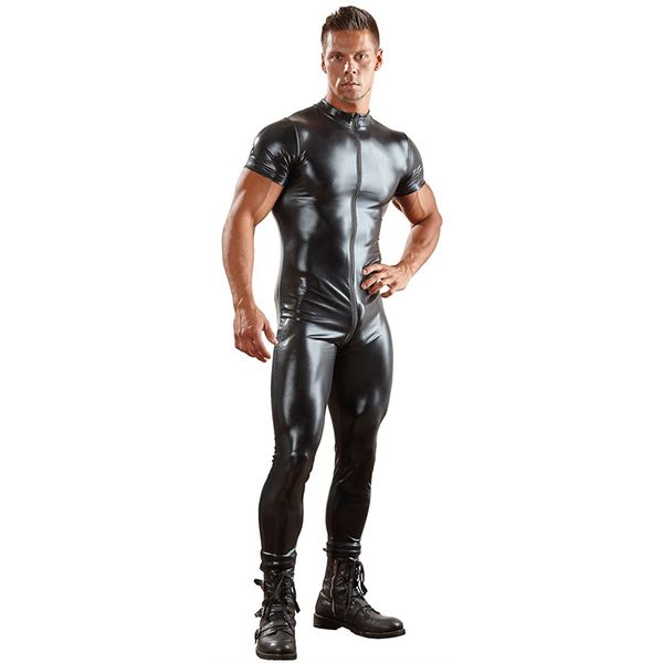 Grande taille 3XL noir en cuir verni Sexy à manches courtes hommes Zentai Spandex Catsuit body mâle érotique Costume fête Clubwear