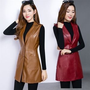 Grande taille 3XL PU cuir rouge femmes gilet Long sans manches sherpa manteau femme printemps gilet pour veste féminine 210819