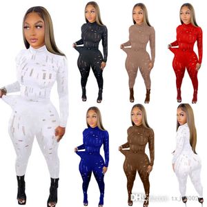 Plus maat 3xl tweedelig broek set voor vrouwen sexy holle out lange mouwen tops kijken door leggings dunne pak designer kleding