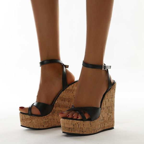 Sandalias de talla grande 42 a la moda para mujer, zapatos de plataforma, tacones súper altos, Sandalias con correa en el tobillo de madera en negro/blanco