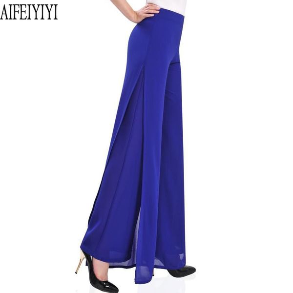 Plus la taille 4XL 2019 Femmes Split FLADES Palazzo Mousseline de soie Pantalons de jambe en mousseline de soie lâche Pantalon haute taille Pantalon Culotte Mujer Y19070101