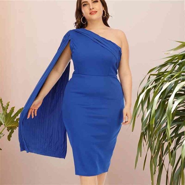 Plus la taille 4XL 5XL bleu robes de soirée élégantes pour femmes célébrité sexy une épaule froncée ruban moulante dîner date de nuit 210527