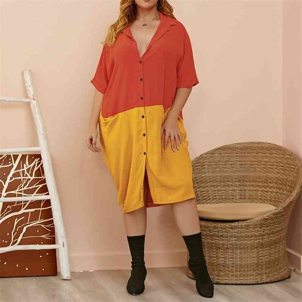 Grande taille 4XL 5XL chemise robes femmes demi manches Robe décontracté ample Midi Patchwork robes été mode goutte 210527