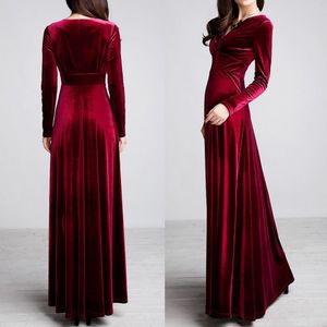 Vestido de talla grande 4XL 5XL para mujer, vestido de invierno de manga larga con cuello en V, vestidos largos de terciopelo, vestidos elegantes formales de fiesta para mujer, vestidos rojos negros
