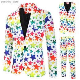 Plus Size 4XL Come Homme 3 Pices Regenboog Ster Gedrukt Een Knop Pakken voor Mannen Party Stage Wear Heren Blazer + Vest + Broek Q230828