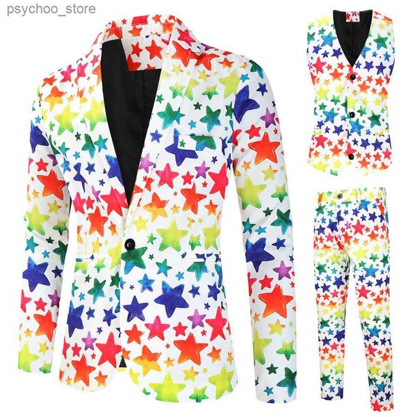 Plus Size 4XL Come Homme 3 Pices Rainbow Star Imprimé One Button Costumes pour hommes Party Stage Wear Mens Blazer + Gilet + Pantalon Q230828