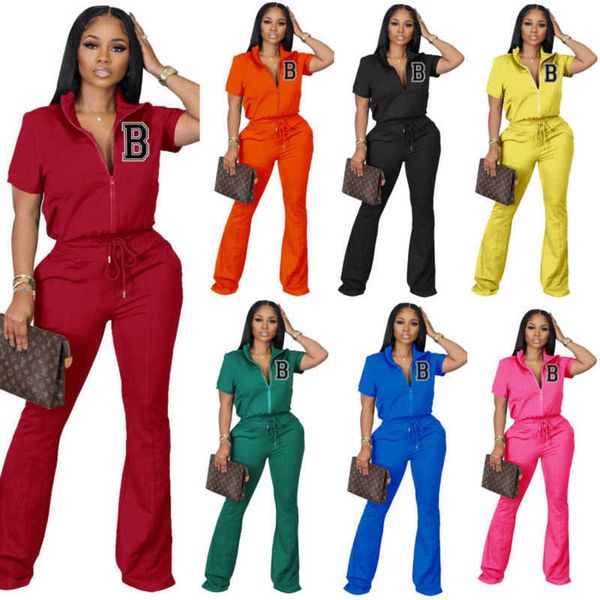 Grande taille 4XL Designer femmes survêtements de sport deux pièces tenues mode à manches courtes vestes à glissière haut et pantalon évasé costume