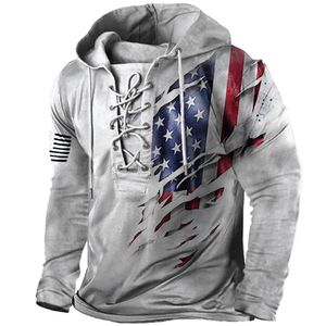 Sweat-shirt vintage pour hommes, grande taille 4XL, mode, imprimé drapeau américain, à lacets, à capuche, manches longues, en stock, S-4XL