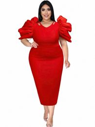 Plus Size 4XL Rode Party Dres Vrouwen Geplooide Korte Mouwen Midi Stijlvolle Hoge Taille Afrikaanse Avond Avondje uit Evenement Vrouwelijke Gewaden E8cr #
