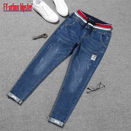 Grande taille 5XL à lacets Stretch jeans femme patch manchette denim sarouel élastique mode femmes taille haute crayon mujer 210809