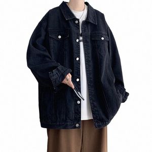 Plus Size 5XL-M Zwarte Denim Jas Heren Turn Down Kraag Jeans Jassen Multi-pockets Overalls Streetwear Losse Casual Mannen kleding U8UO #