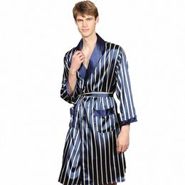 Plus la taille 5XL Robe de soie Hommes Printemps Été Bleu Strayé Sommeil Dring Robe Mâle Lg Manches Satin Kimo Peignoir Vêtements de Nuit N7Zj #