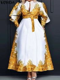 Plus maat 5xl vonda elegante geprinte jurk vrouwen lange mouw riem Boheemian maxi long sundress knoppen vintage casual gewaad femme 240522
