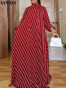 Plus maat 5xl vonda elegante gestreepte maxi jurk vrouwen hoge nek elegante lange zonsondergenerde lange puff mouw geprinte vestidos 240522