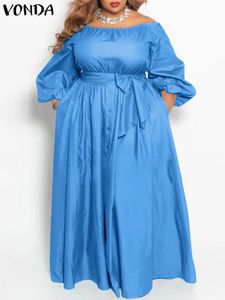 Plus Size 5XL VONDA Zomer Maxi Zonnejurk Dames Lange Jurk Knop Casual Effen Elegant Off Schouder Boheems Feest vestido met riem 240130