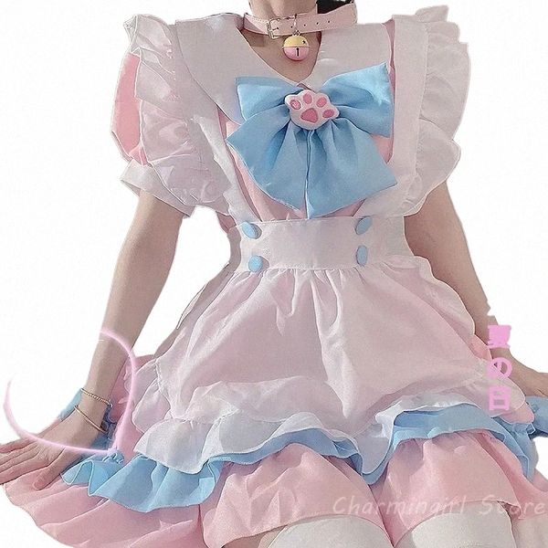 Plus la taille 5XL femmes tenue de femme de chambre cosplay anime lolita costume mignon chat rose bleu dentelle garniture avril patte de chat lolita dres ensemble complet 05PQ #