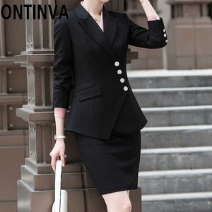 Plus Size 5XL Dames Rok Suits Blazers Jassen Werk Kantoor Dame Zwart Lange Mouwen Pak Slanke Bedrijfsvrouwen Professionele Wear 210927