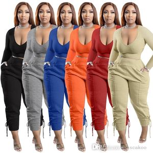 Grande taille 5XL femmes deux pièces pantalon ensemble automne dames survêtements à manches longues col en v haut court pantalon pansement tenues