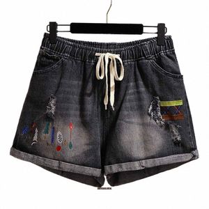 Plus la taille 6XL 150kg noir été broderie jeans shorts décontracté grand short en jean trou femmes pantalons courts w0Iw #