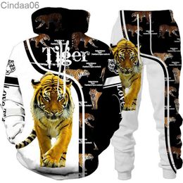 Talla grande 6xl 2023 Chándal Hombres Sudadera con capucha Pantalones Sudadera con capucha Conjunto de dos piezas Tigre Animal Patrón 3D Impreso Suéter para hombres Conjuntos masculinos