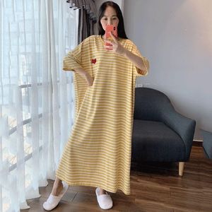 Women's Nachtkleding Plus Size 6XL Dames Katoen Nachtkleding Slaap Jurk Korte Mouw Homewear Nachthemd Lange Nachthemd Gestreepte Thuis Dressing Gow