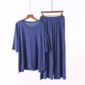 Plus la taille 7XL 150kg femmes pyjamas modaux ensembles été à manches courtes haut et mollet pantalon pyjama doux costume vêtements de nuit 220611