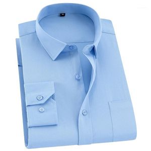 Camisas de vestir de talla grande 8XL para hombre de negocios, camisa de trabajo de sarga de manga larga para hombre, ropa de bolsillo en el pecho azul liso liso blanco Summer1