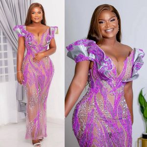 Plus taille arabe africain aso ebi robes de bal sirène des robes de soirée épaule pour les femmes noires robe de fête d'anniversaire deuxième robes de réception Pageant robe am382