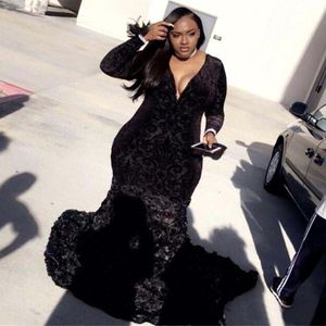 Plus Size Afrikaanse Black Girls Mermaid Prom Jurken Zwart Kant Lange Mouwen Handgemaakte Bloemen Avond Feestjurken SD3337