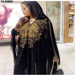 Robes africaines grande taille pour femmes Dashiki perles de diamant vêtements africains Abaya Dubai Robe soirée longue Robe musulmane à capuche Cape194K