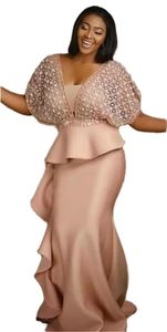 Plus Size Afrikaanse Zeemeermin Galajurken V-hals Ruches Peplum Korte Mouw Formele Avondjurken Vrouwen Trompet Speciale Feestjurk