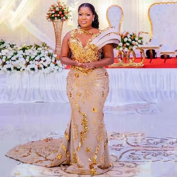 Robes de bal de sirène africaine grande taille avec col transparent Appliques de paillettes d'or scintillantes Aso Ebi robe de soirée robe formelle africaine