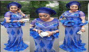Plus taille africain Royal Blue sirène robes de soirée perles perles applications en dentelle nigériane aso coches de bal de bal Mother of the Bridal3445344