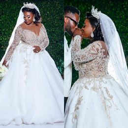 Robe de mariée africaine en dentelle perlée, grande taille, manches longues, luxe, princesse, église, jardin, 2021, 214E
